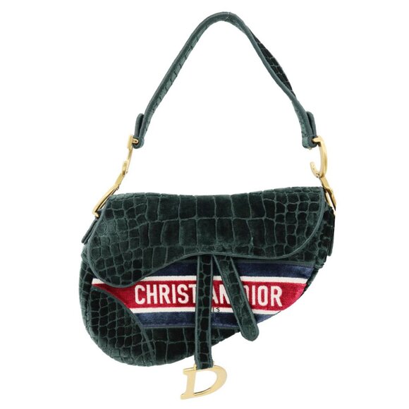 Christian Dior Saddle Crocodile Embossed Velvet Shoulder Bag Dark - Picture 3 of 14